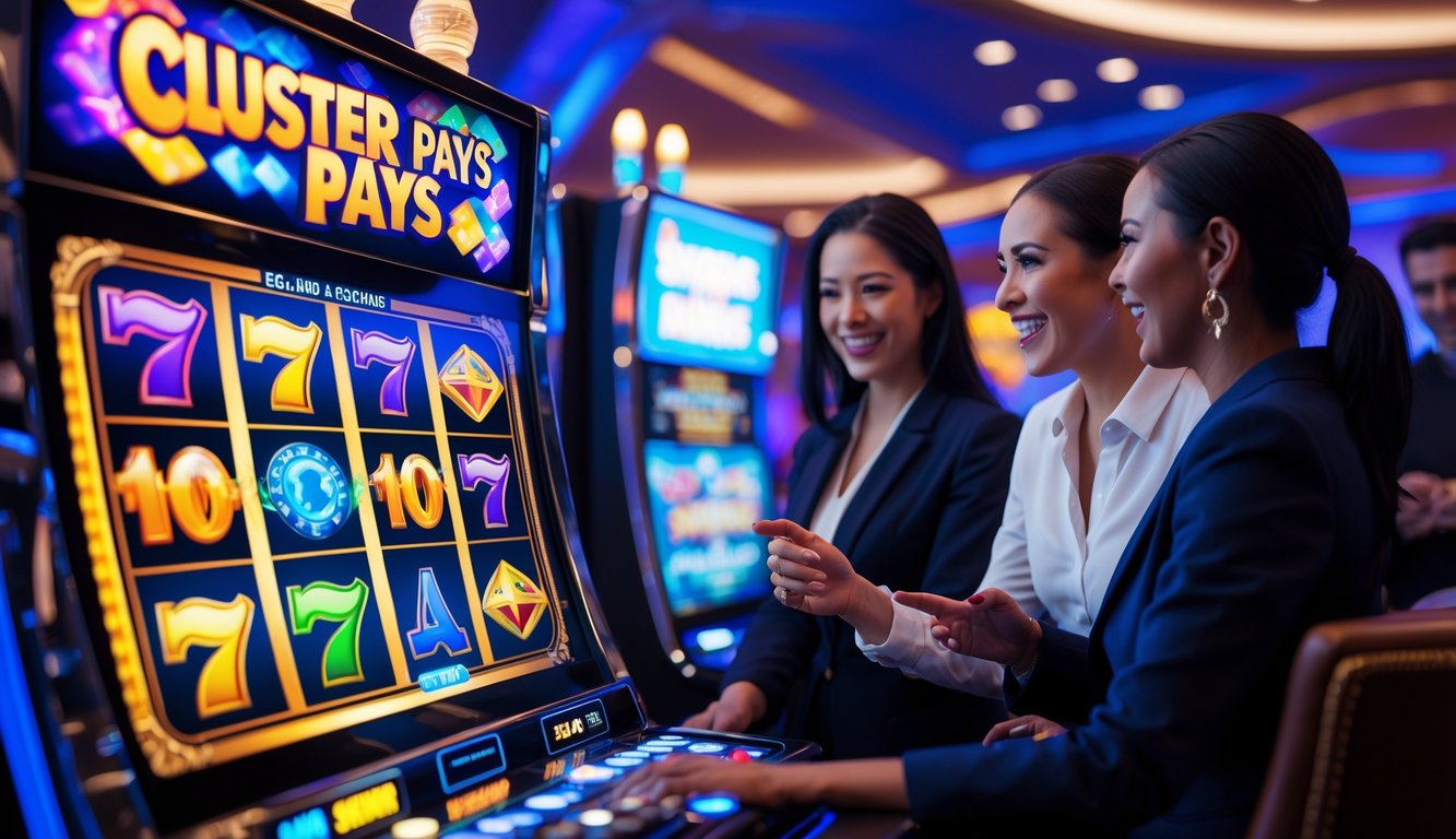 Seorang pemula sedang belajar bermain mesin slot cluster pays di kasino dengan suasana ceria dan bimbingan dari seorang ahli.