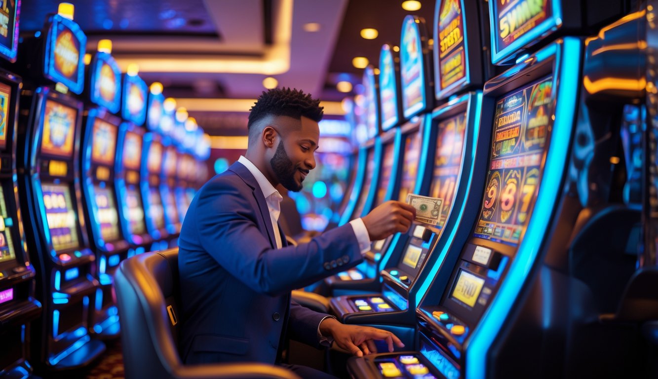 Orang bermain mesin slot berwarna cerah di kasino modern dengan lampu berkedip dan suasana ramai.