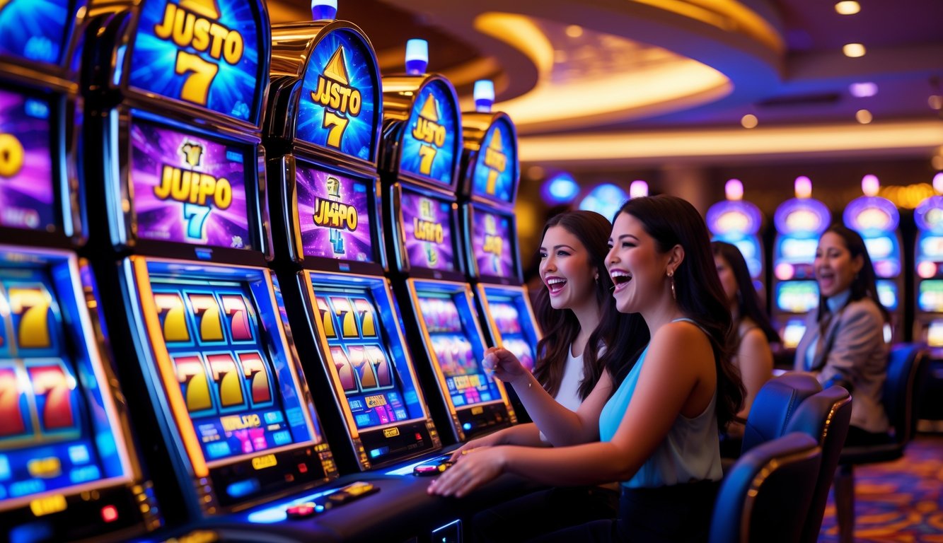 Orang-orang bermain mesin slot di kasino dengan ekspresi antusias dan suasana cerah penuh semangat.