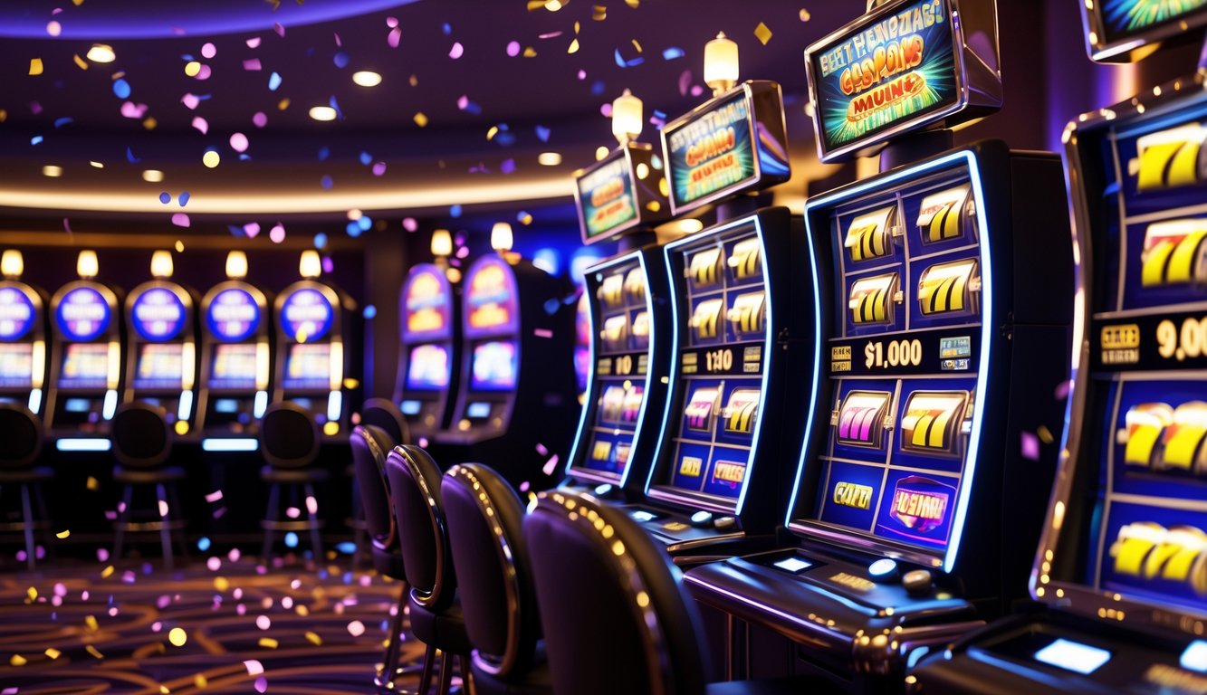 Area mesin slot kasino modern dengan beberapa mesin menampilkan gulungan berwarna-warni dan suasana kemenangan.