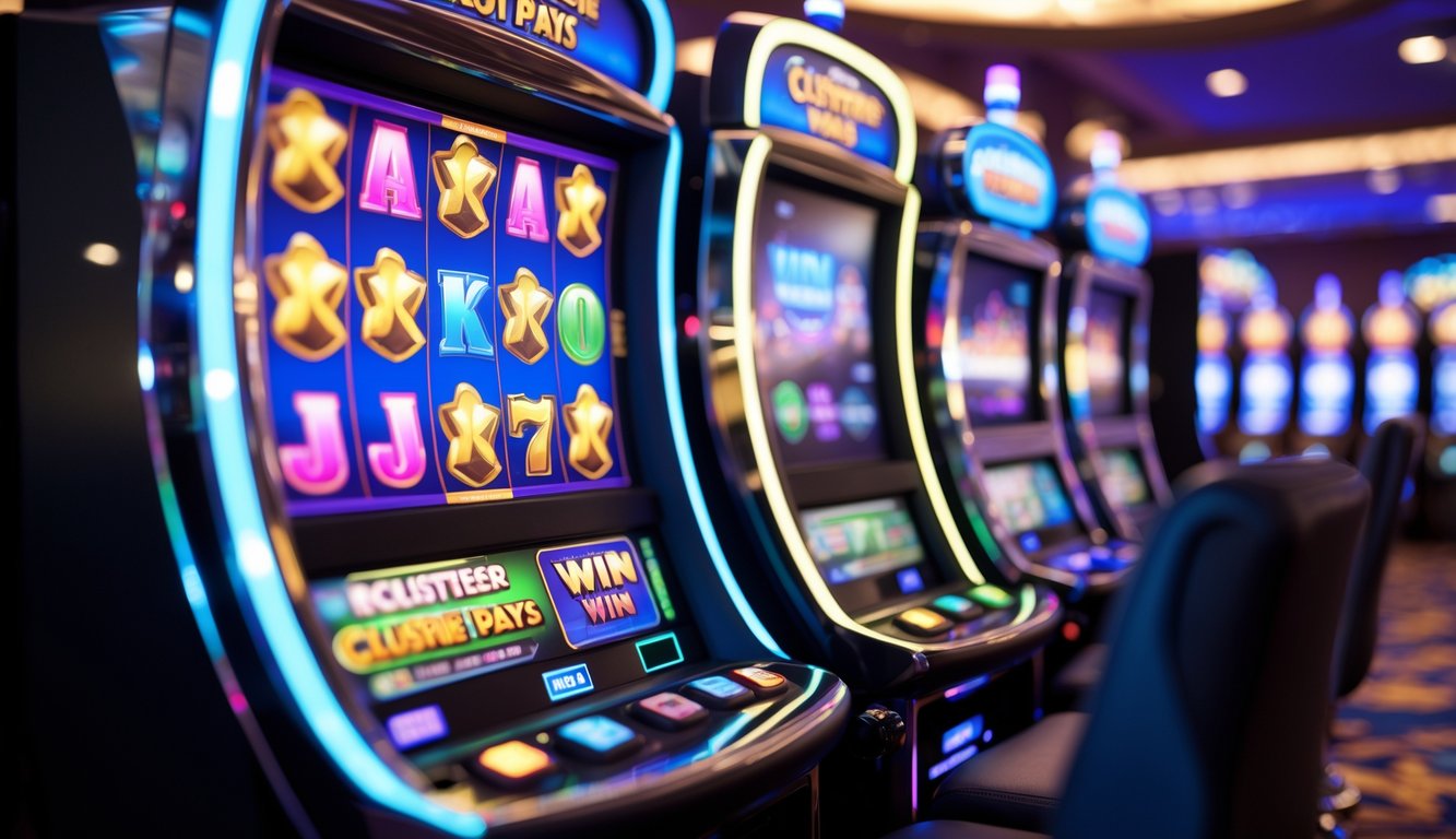 Mesin slot modern dengan simbol berwarna-warni yang membentuk pola cluster, di latar belakang suasana kasino yang ramai dengan lampu dan mesin slot lainnya.