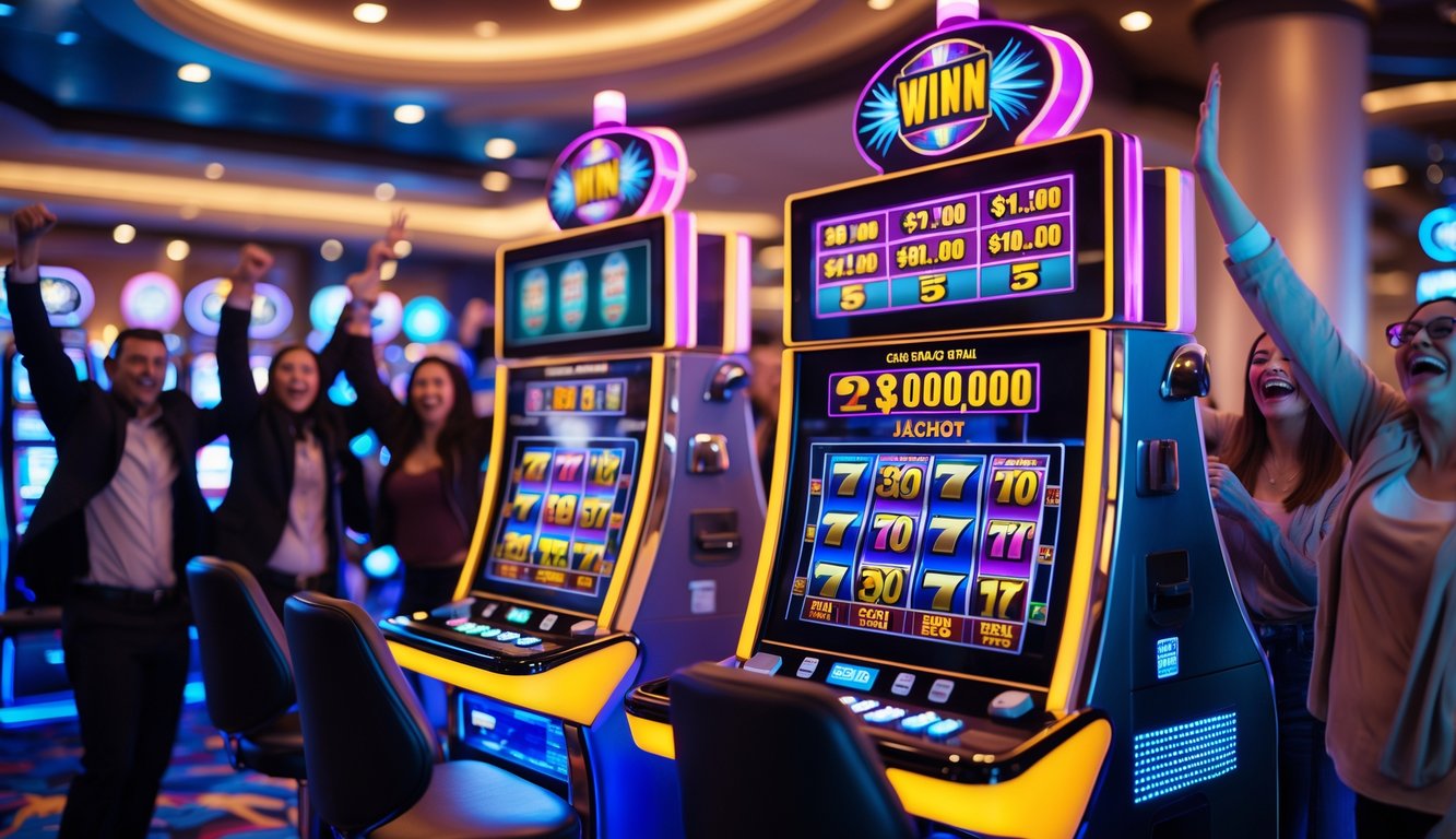 Sejumlah orang bermain mesin slot di kasino dengan ekspresi gembira sambil merayakan kemenangan besar.