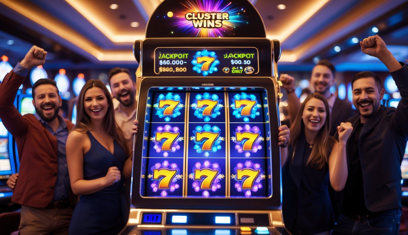 Orang-orang senang merayakan kemenangan besar di depan mesin slot modern dengan simbol warna-warni di kasino.