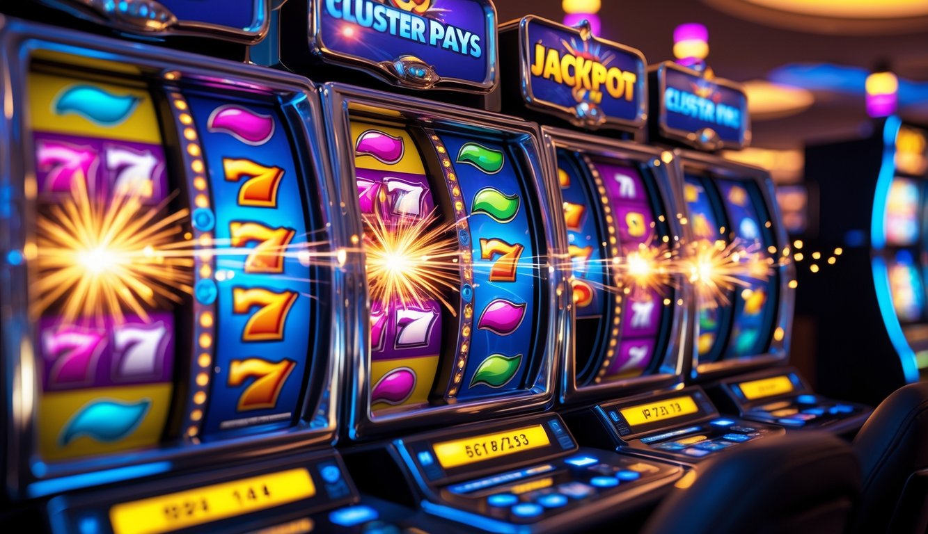 Mesin slot dengan simbol warna-warni yang sedang meledak dan menunjukkan kemenangan besar di kasino modern.