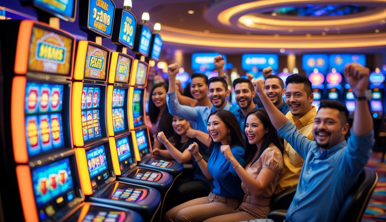 Suasana kasino modern dengan mesin slot yang menyala dan beberapa pemain yang terlihat senang merayakan kemenangan mereka.