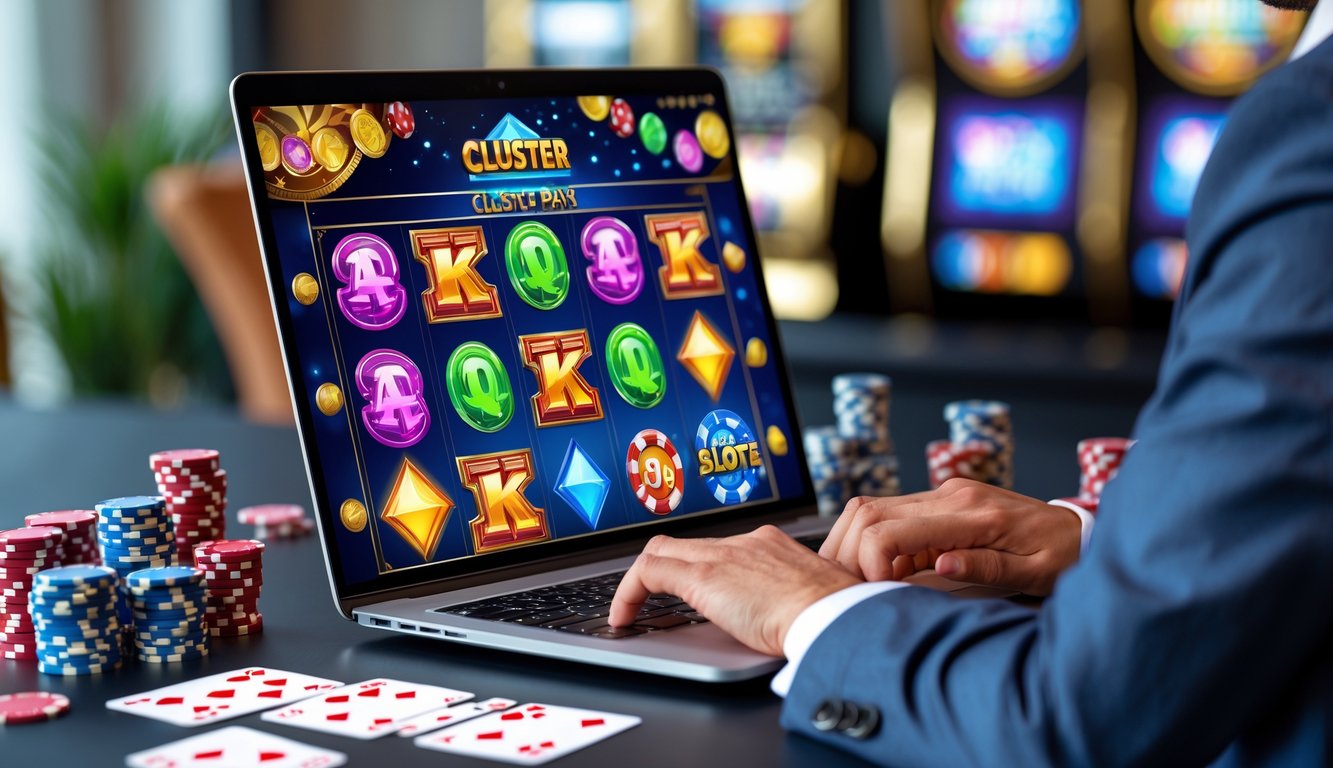 Seseorang menggunakan laptop dengan tampilan permainan slot cluster pays yang berwarna-warni di layar, di meja kerja dengan chip poker dan kartu remi.