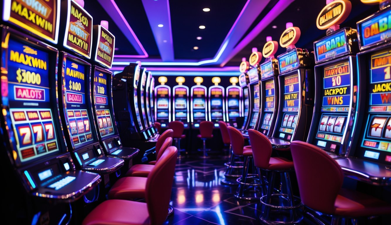 Area mesin slot kasino yang ramai dengan beberapa mesin slot modern yang menampilkan tampilan digital berwarna-warni dan suasana kemenangan besar.