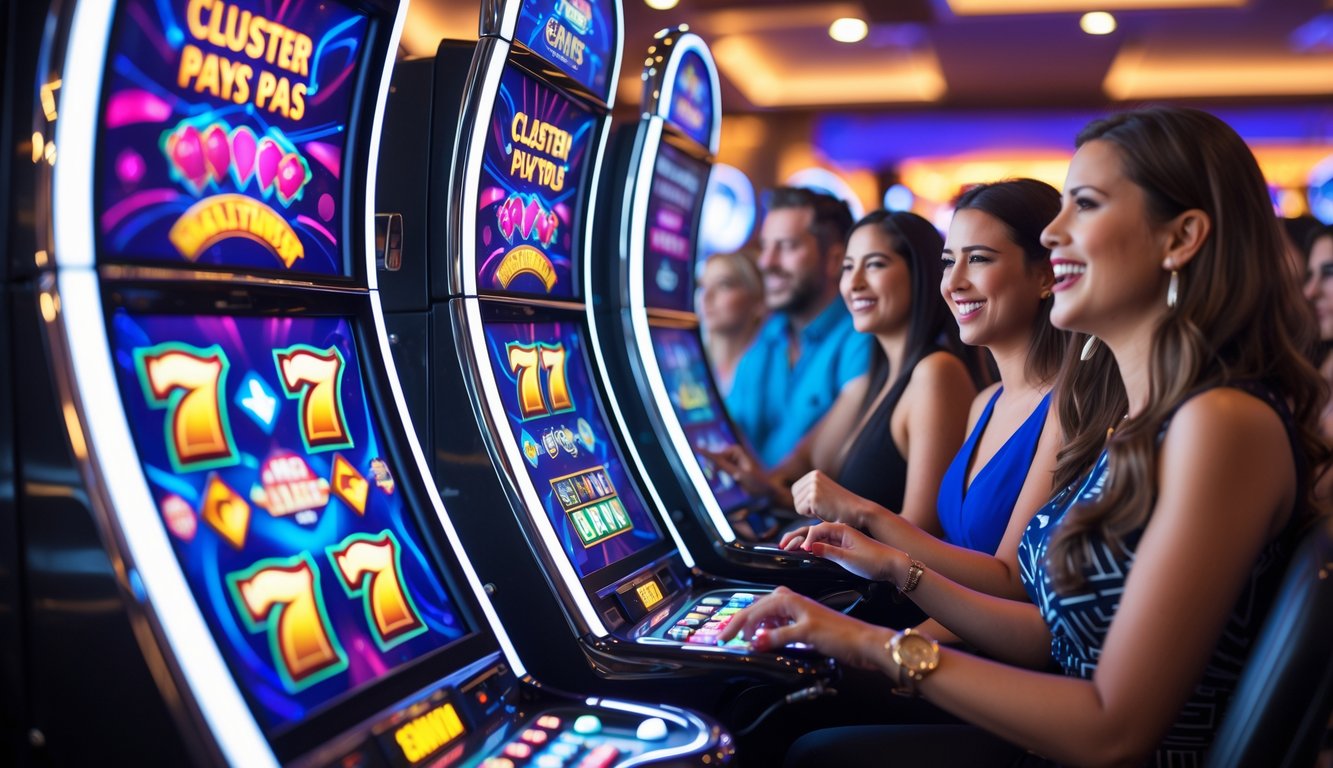 Beberapa mesin slot modern yang menyala dengan pemain yang antusias bermain di kasino.