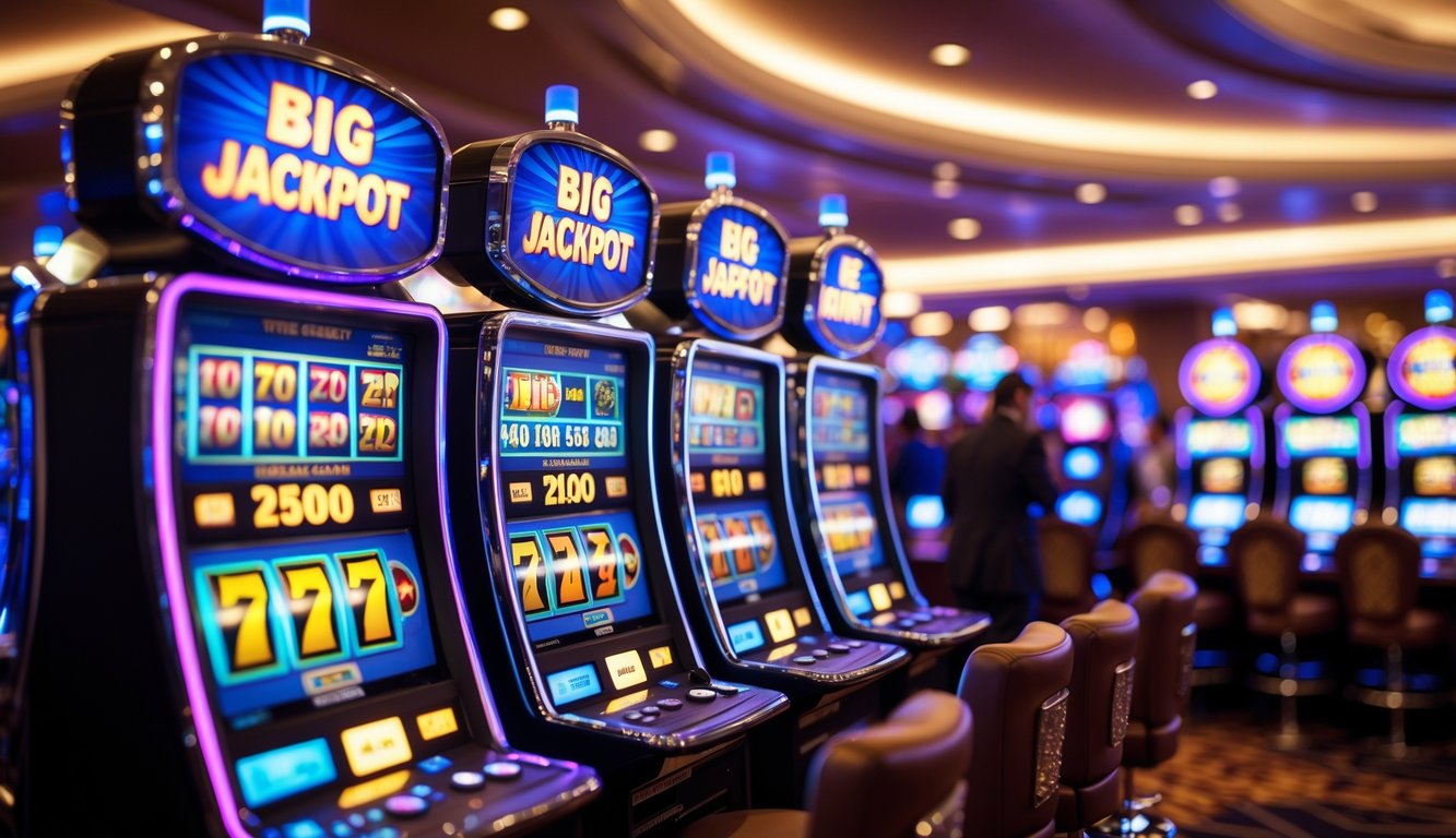 Beberapa mesin slot modern dengan lampu warna-warni dan tampilan jackpot besar di dalam kasino yang mewah.