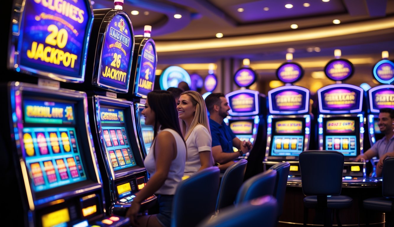 Suasana kasino dengan mesin slot berlampu warna-warni dan orang-orang yang terlihat antusias bermain.