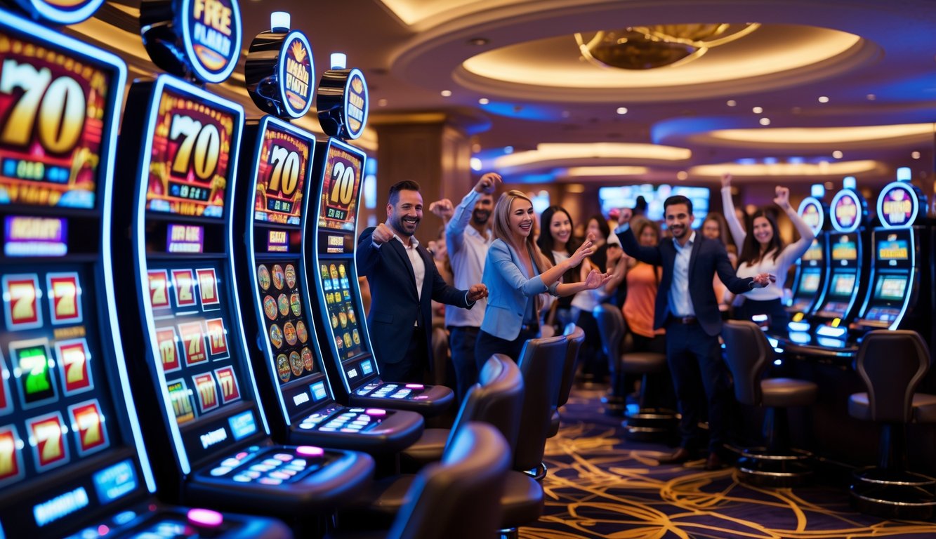 Suasana kasino modern dengan mesin slot yang menyala dan pemain yang antusias merayakan kemenangan.