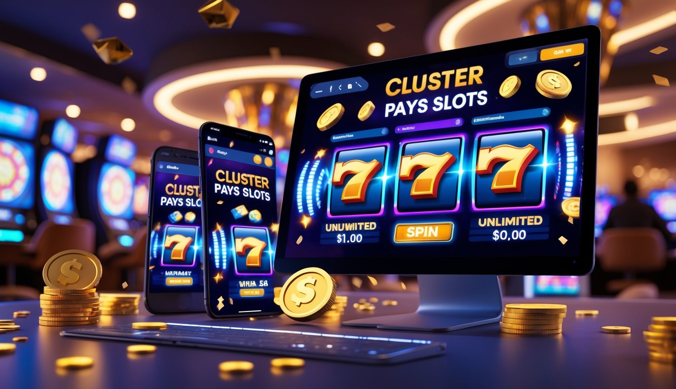 Sebuah meja dengan komputer dan ponsel yang menampilkan permainan slot dengan simbol warna-warni dan koin berkilau di latar kasino yang hangat.