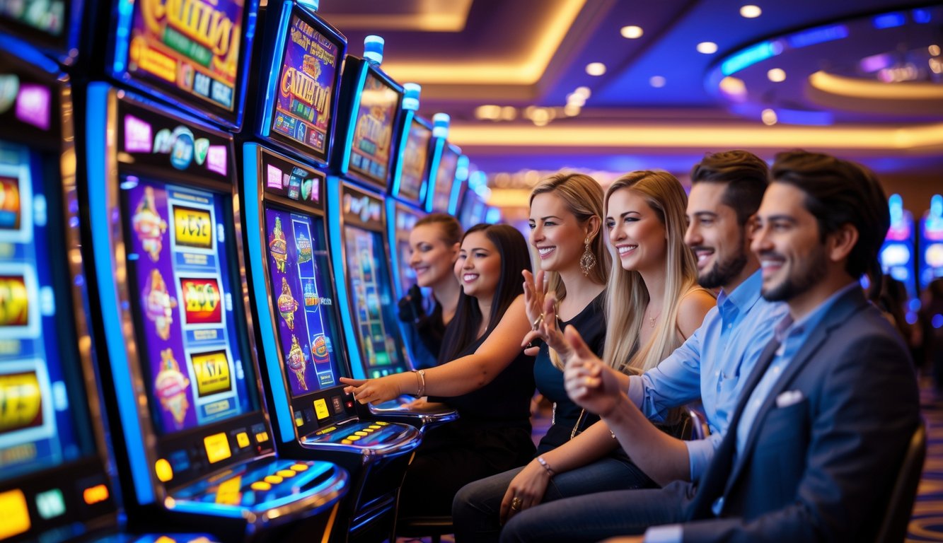 Suasana kasino modern dengan mesin slot berwarna cerah dan pemain yang sedang menikmati permainan.
