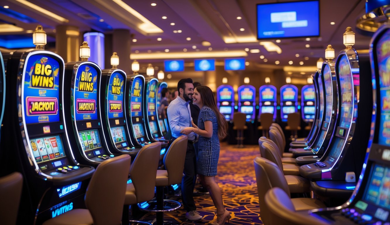 Suasana kasino modern dengan beberapa mesin slot yang menyala dan pemain yang terlihat senang dan antusias bermain.