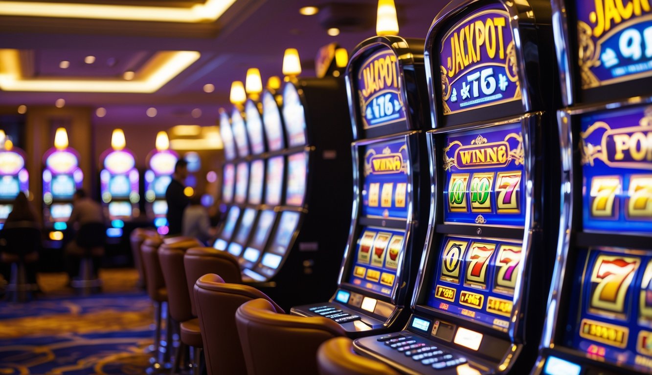 Area mesin slot di kasino dengan beberapa orang bermain dan suasana yang hidup.