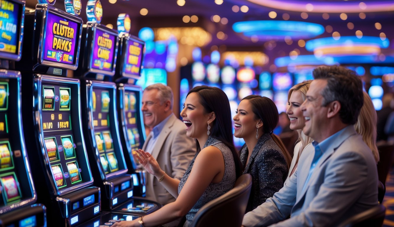 Orang-orang bermain mesin slot di kasino dengan suasana ceria dan lampu warna-warni, menampilkan kegembiraan saat menang besar.