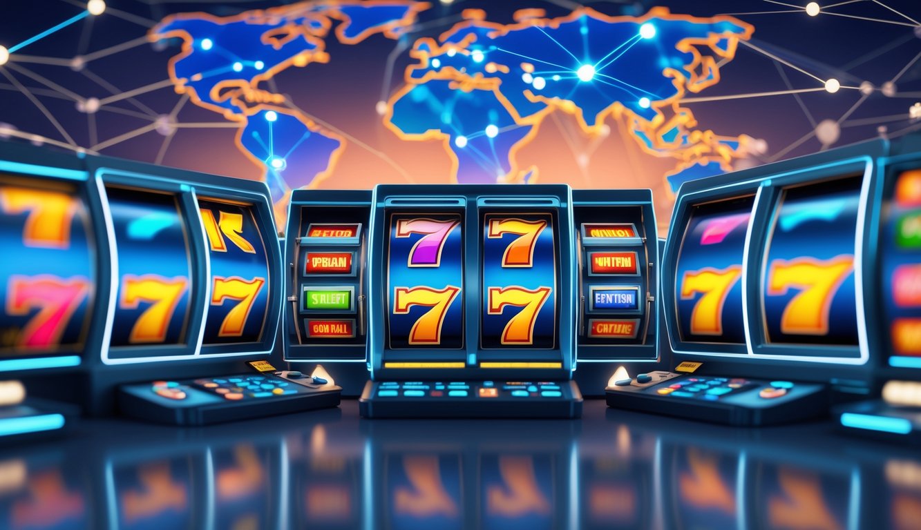 Tampilan antarmuka permainan slot online dengan gulungan warna-warni dan peta dunia di latar belakang.