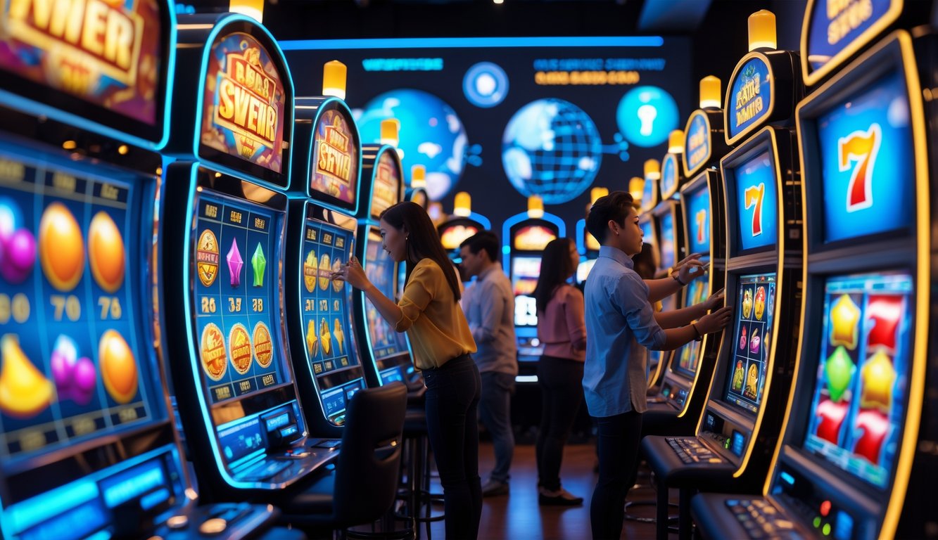 Beberapa orang sedang bermain mesin slot digital di layar komputer dengan latar belakang yang menunjukkan koneksi jaringan internasional.