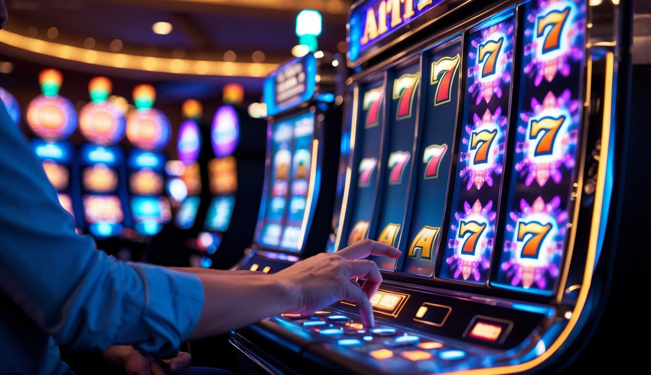 Seorang pemain sedang menggunakan mesin slot di kasino dengan lampu warna-warni dan suasana yang hidup.