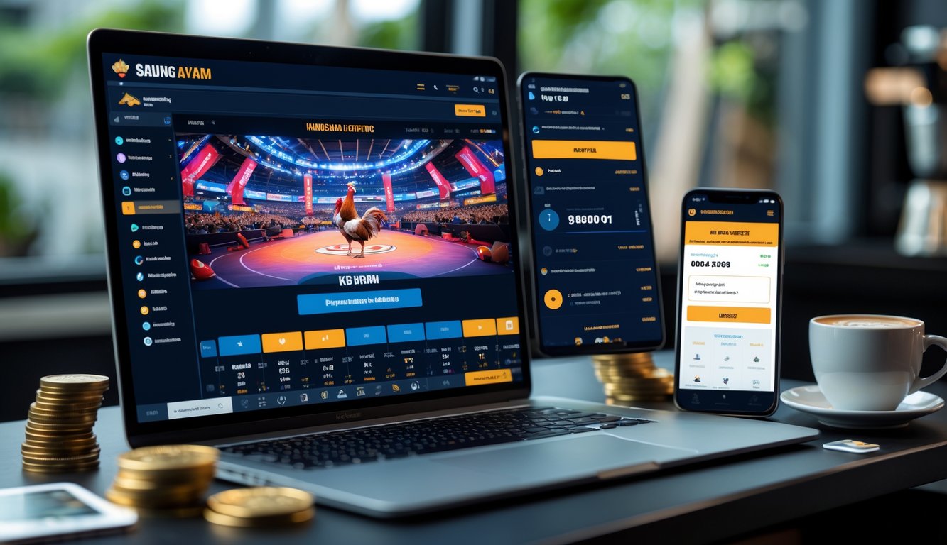 Seorang pengguna duduk di depan laptop dan smartphone yang menampilkan aplikasi taruhan sabung ayam online dengan suasana kerja yang rapi dan terang.