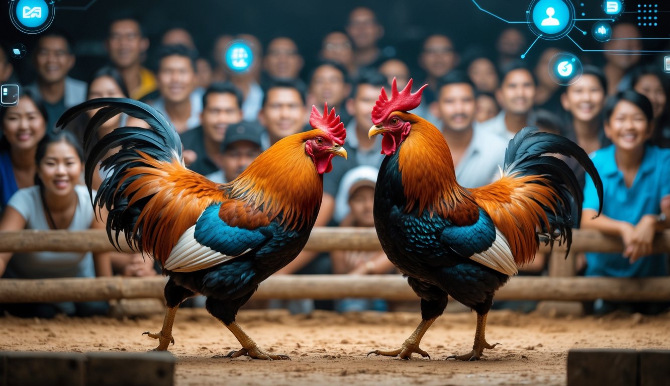 Dua ayam bangkok sedang bertarung di arena dengan penonton yang antusias di sekitar.