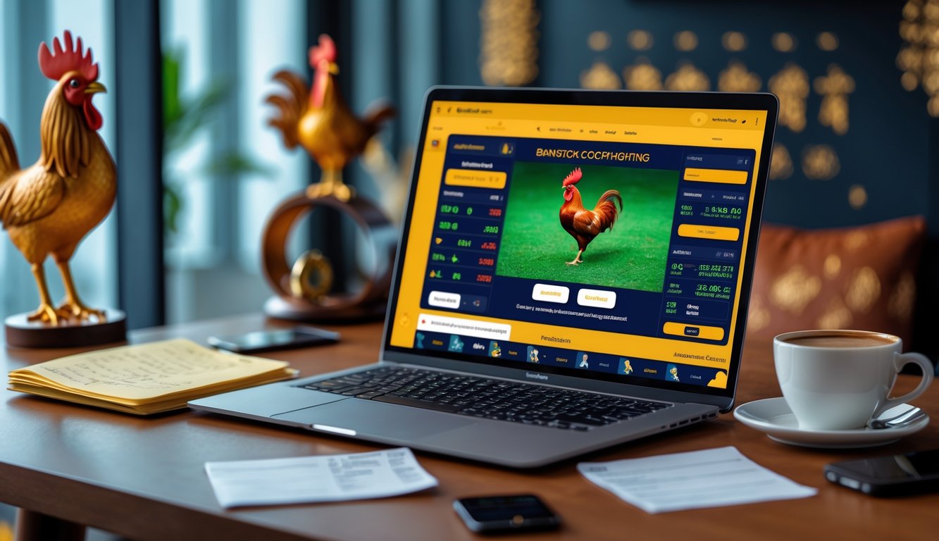 Seseorang duduk di meja kerja dengan laptop yang menampilkan platform taruhan sabung ayam online, dikelilingi catatan dan ponsel, dengan hiasan ayam jago dan dekorasi Thailand di latar belakang.