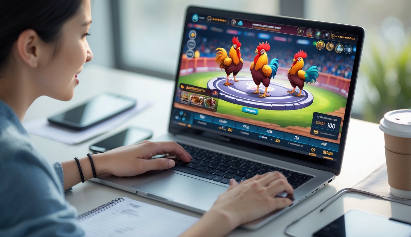 Seseorang sedang menggunakan komputer dengan permainan Sabung Ayam Bangkok online di layar, di meja terdapat catatan dan kopi.