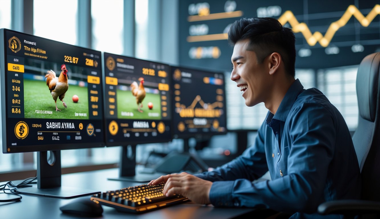 Seseorang menggunakan komputer dengan beberapa layar menampilkan pertandingan sabung ayam online dan grafik keuangan di latar belakang.