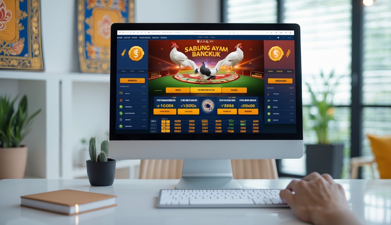 Seseorang menggunakan komputer dengan tampilan platform taruhan online sabung ayam Bangkok yang menampilkan grafik dan ikon digital di lingkungan rumah atau kantor yang modern.