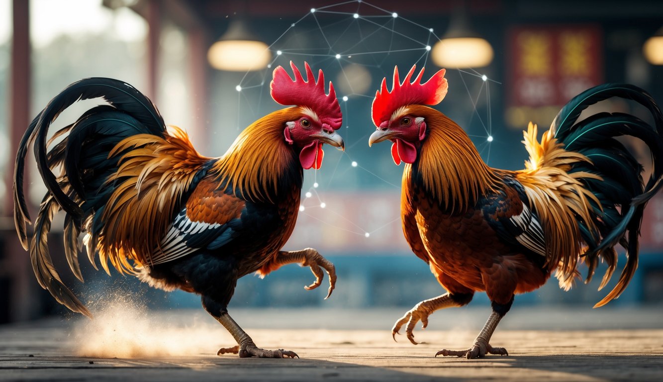 Dua ayam Bangkok sedang bertarung dalam pertandingan sabung ayam dengan latar belakang pasar internasional yang samar.