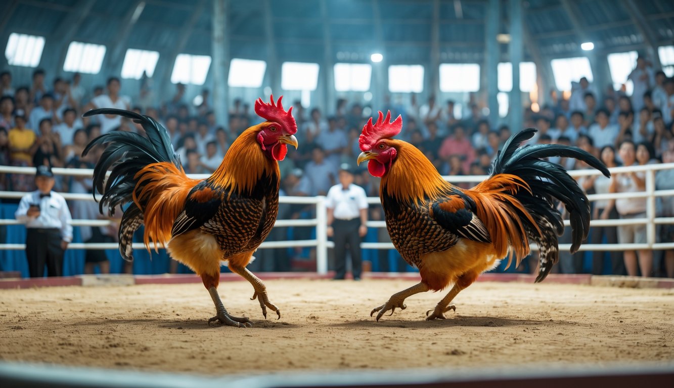Dua ayam jago sedang bertarung di arena resmi dengan penonton di latar belakang.