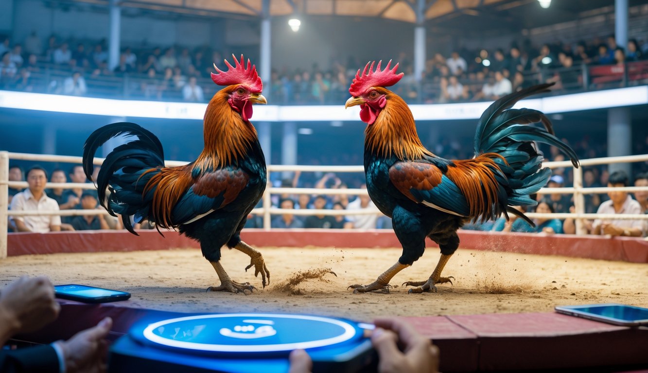 Dua ayam jago sedang bertarung di arena resmi dengan penonton yang menonton secara langsung dan menggunakan perangkat digital.