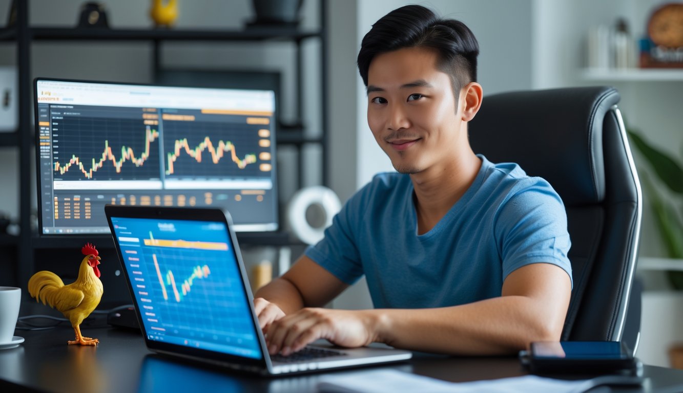 Seorang pria muda duduk di meja dengan laptop, menganalisis grafik dan suasana kantor rumah yang nyaman dengan hiasan ayam jago dan ponsel.
