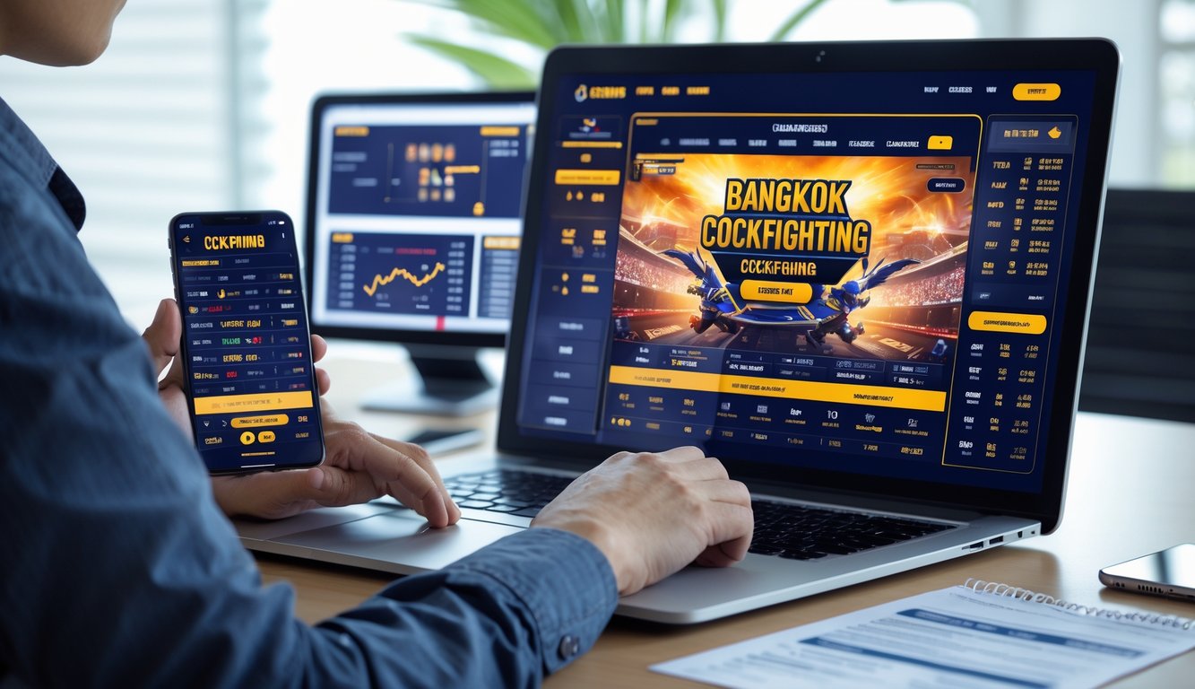 Seseorang sedang menggunakan laptop dan smartphone di meja kerja dengan grafik dan statistik taruhan sabung ayam online.