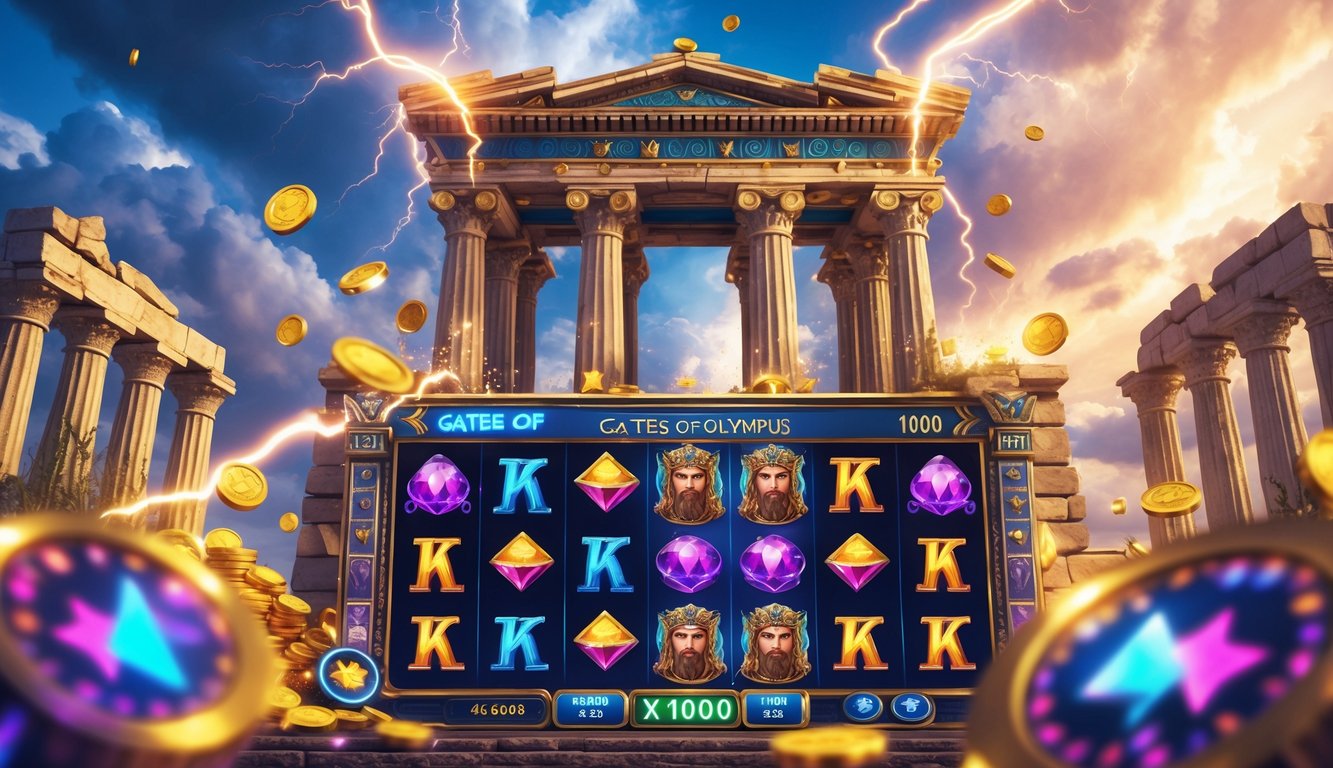 Pintu gerbang kuil Yunani kuno yang megah dengan simbol mitologi dan mesin slot digital yang menampilkan ikon Zeus dan petir, dikelilingi oleh koin emas dan permata berkilauan.