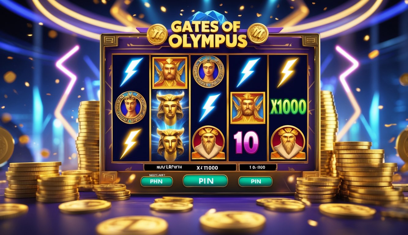Mesin slot digital dengan simbol mitologi Yunani dan koin emas di latar belakang yang menggambarkan kemenangan besar.