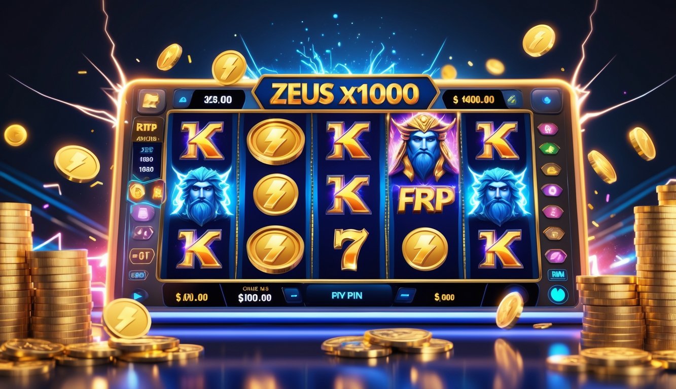 Layar mesin slot digital dengan simbol petir, koin emas, dan wajah Zeus, dikelilingi efek cahaya yang menunjukkan kemenangan besar dan putaran gratis melimpah.