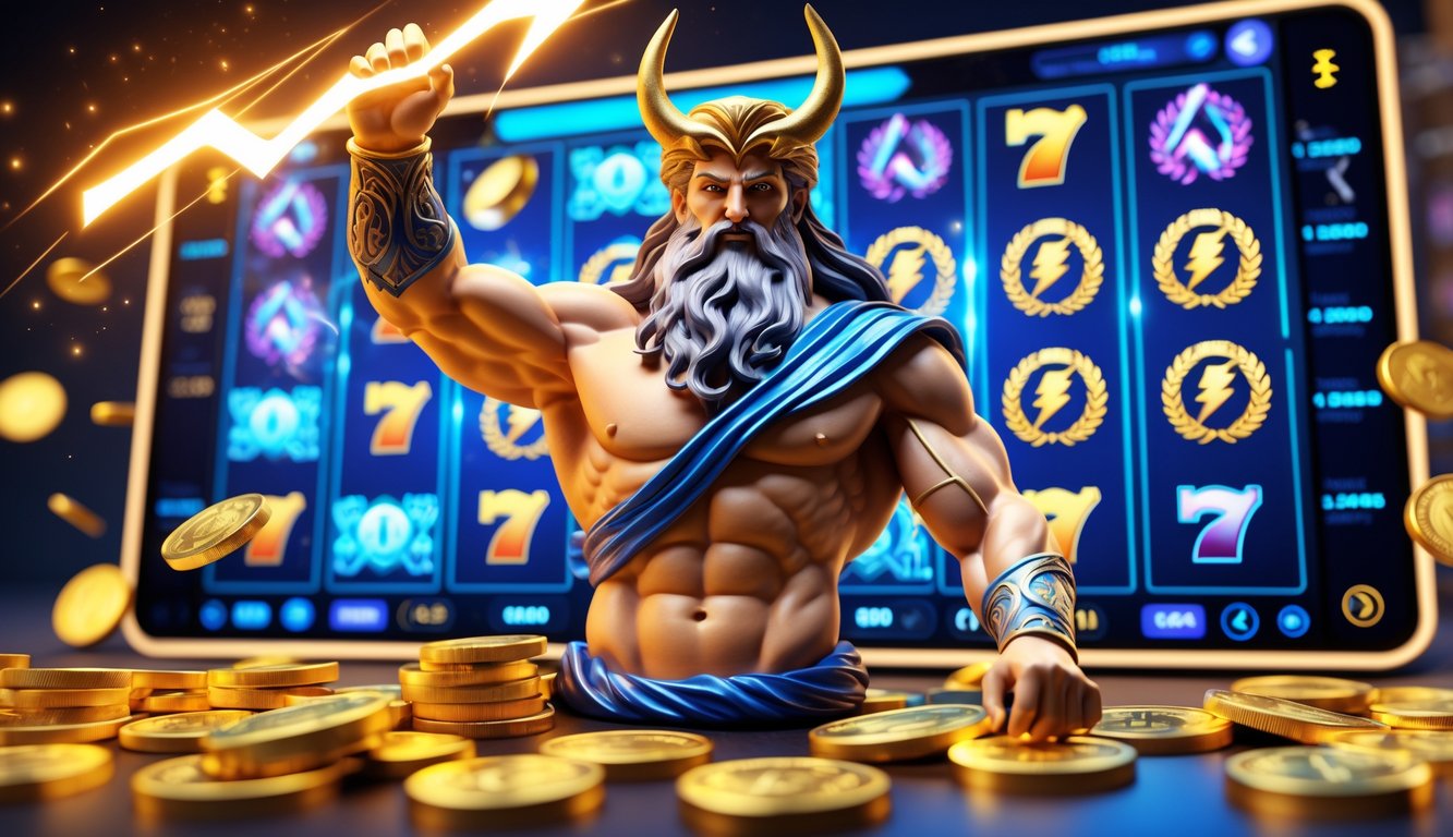 Gambar Zeus yang kuat memegang petir dengan koin emas berkilauan dan mesin slot digital modern yang menampilkan simbol petir dan motif Yunani kuno.