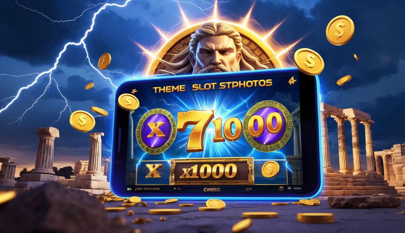 Layar perangkat digital menampilkan permainan slot online bertema Zeus dengan efek petir dan koin emas, latar belakang kuil Yunani kuno dan langit badai.