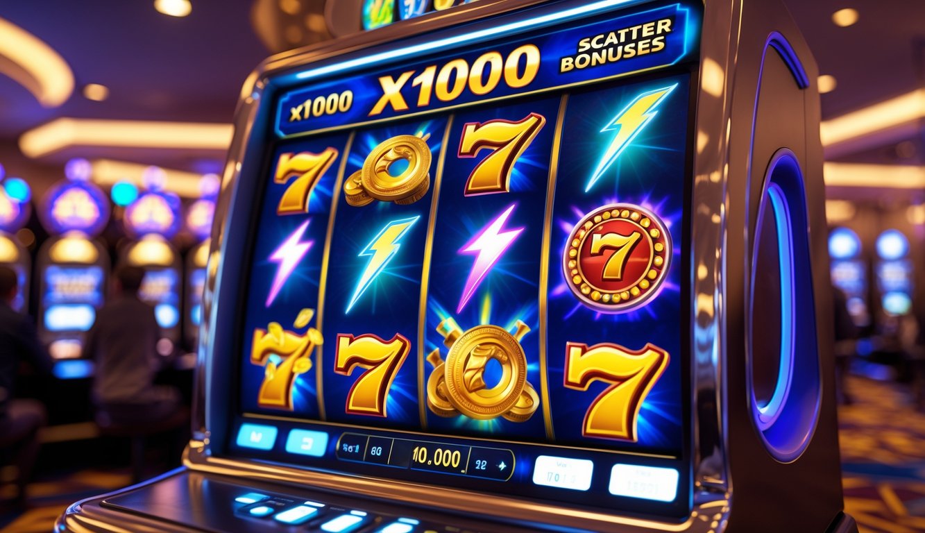 Mesin slot modern bertema Zeus dengan simbol petir dan koin emas di kasino yang terang dan ramai.