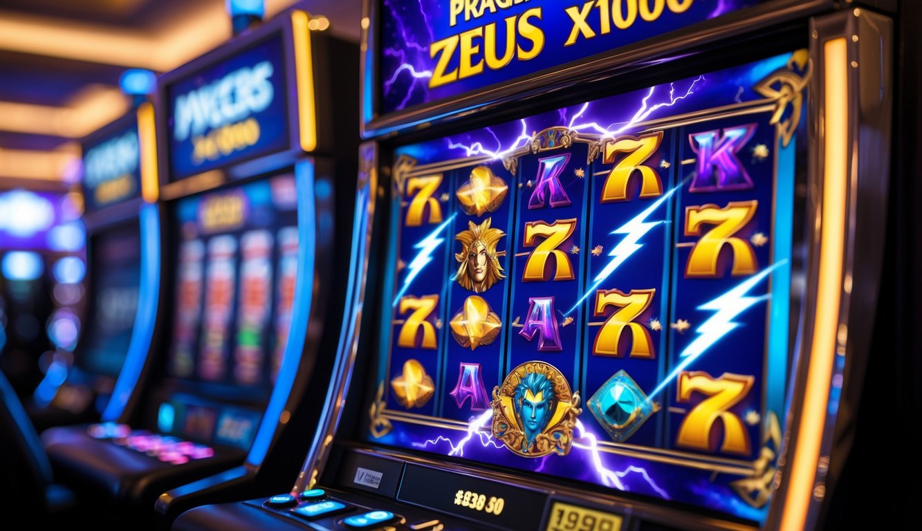 Gambar mesin slot yang menampilkan simbol petir dan tema Zeus dengan latar belakang kasino yang ramai dan pencahayaan hangat.