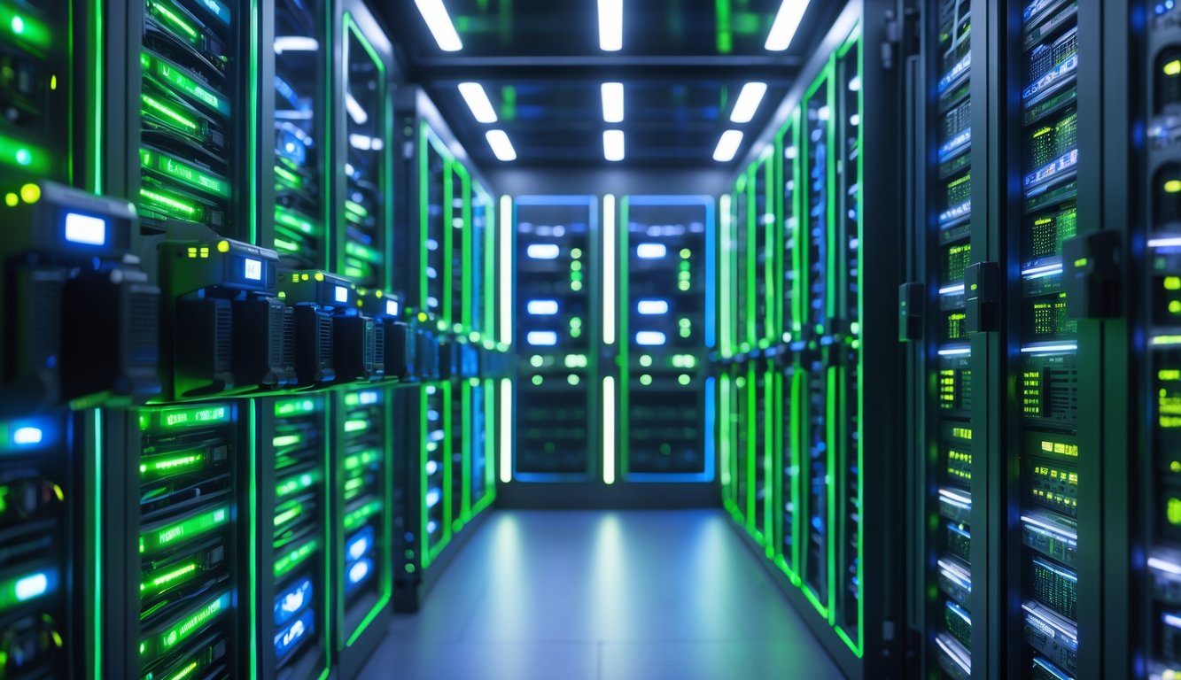 Ruang server modern dengan deretan server berteknologi tinggi yang menyala dan tertata rapi.