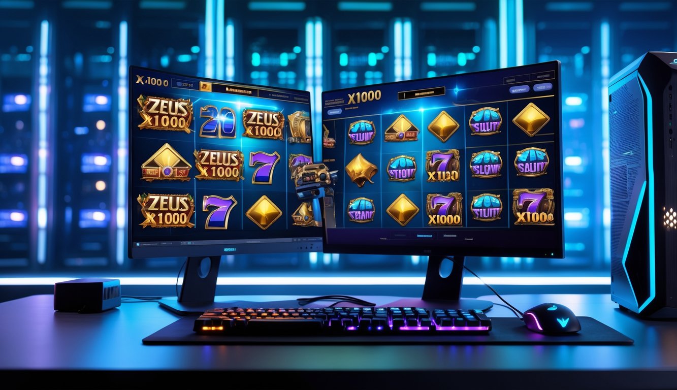 Sebuah meja kerja modern dengan komputer dan beberapa monitor yang menampilkan permainan slot online bertema Zeus, dengan latar belakang rak server dan kabel jaringan yang menyala biru.
