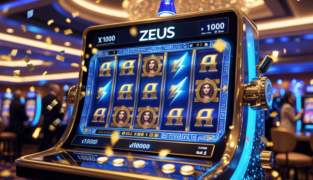 Mesin slot bertema Zeus yang menyala dengan efek cahaya biru dan emas di dalam kasino mewah dengan dekorasi elegan dan suasana penuh semangat.