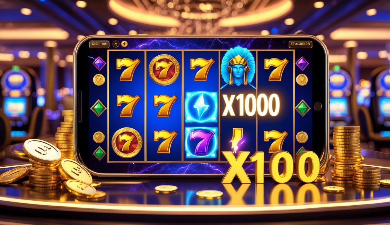 Mesin slot digital yang menampilkan simbol petir, helm Zeus, dan koin emas dengan latar belakang kasino yang mewah.