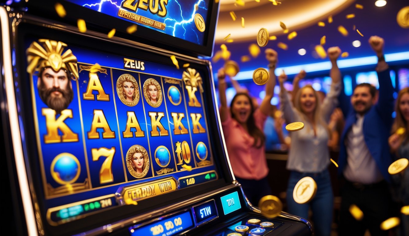 Suasana kasino dengan mesin slot bertema Zeus yang menampilkan simbol dan indikator kemenangan besar, dengan pemain yang sedang merayakan kemenangan.