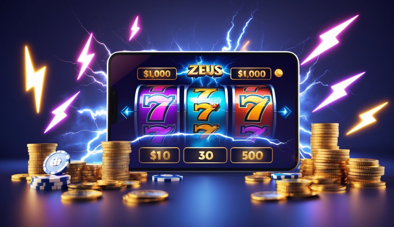 Layar perangkat menampilkan permainan slot bertema Zeus dengan simbol petir dan tumpukan koin di sekitarnya.