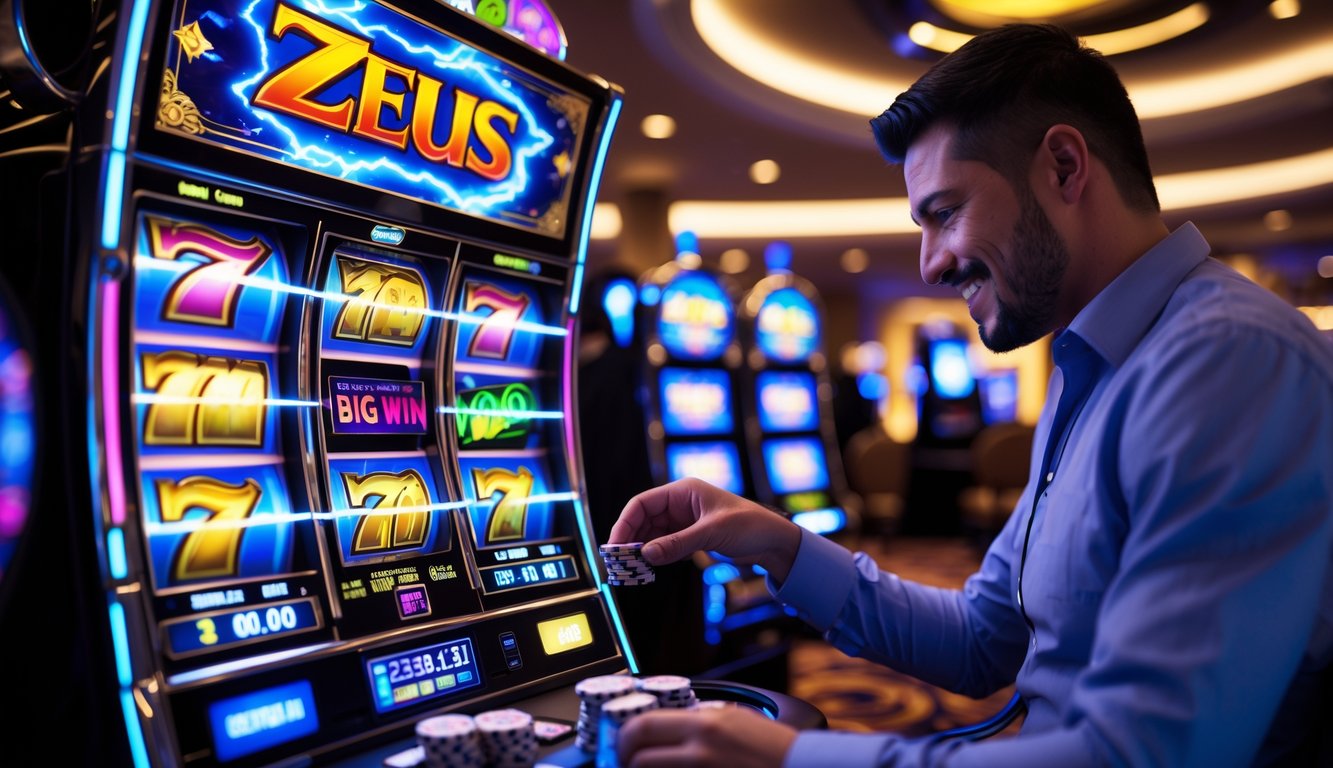 Mesin slot bertema Zeus dengan efek kilat dan koin berwarna-warni, pemain sedang memasang taruhan di kasino mewah.