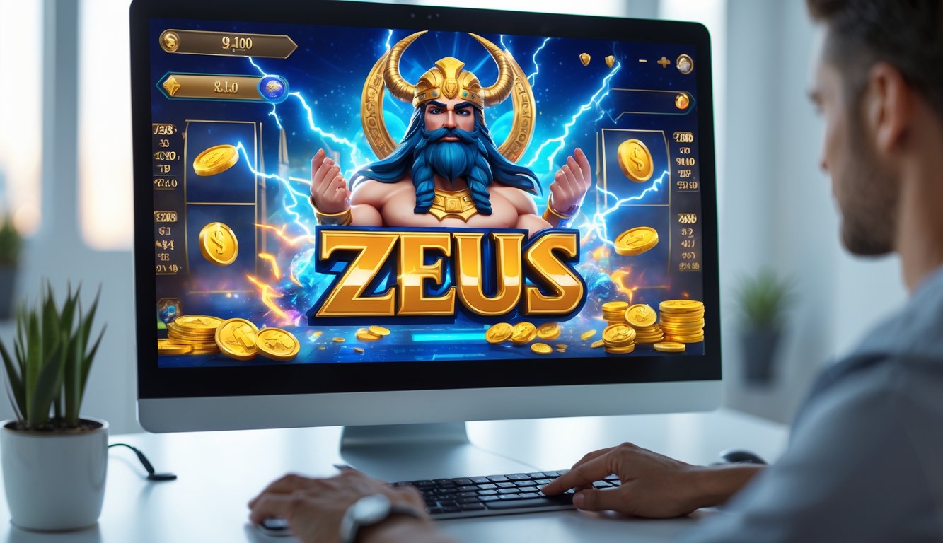 Antarmuka permainan slot online bertema Zeus dengan visual petir dan koin emas, ditampilkan di layar komputer di meja kerja.