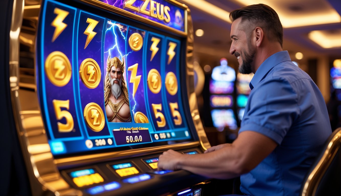 Seorang pemain dewasa sedang menggunakan mesin slot dengan tema Zeus di dalam kasino modern yang elegan.
